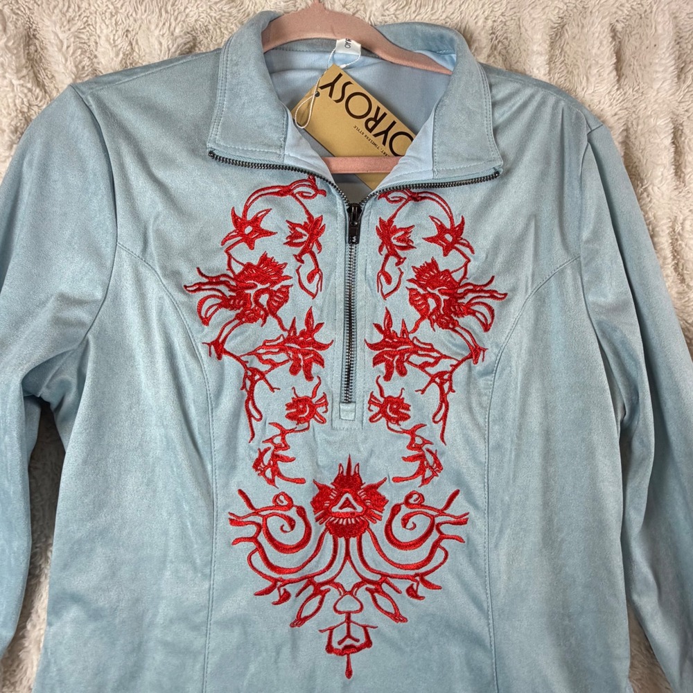 Oyrosy Light Blue Faux Suede Embroidered Fringe Western Boho Mini Dress Large NW